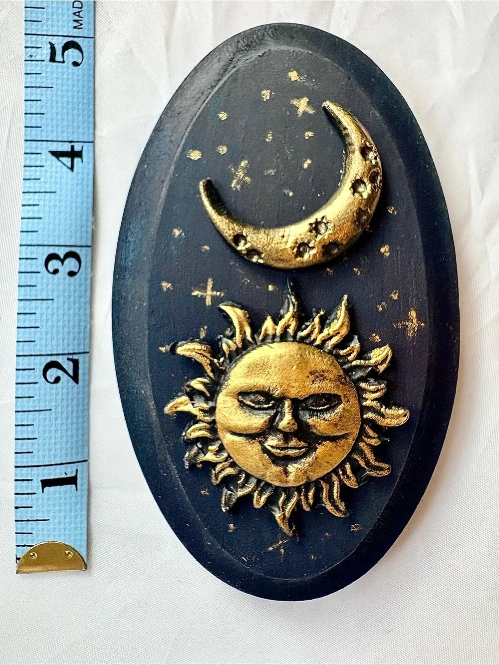 Golden Sun & Moon Celestial Whimsigoth Plaque - Dark Blue and Gold Wall Decor